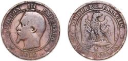 World Coins - France 1855 10 Centimes - Napoleon III Bronze 9.4g VF Franc 2014 133 Gad 1789 248 KM 771