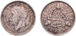 World Coins - Great Britain United Kingdom Kingdom 1935 3 Pence - George V (4th issue) Silver (.500) Royal Mint (Tower Hill) (7027600) 1.32g XF  KM 831 Sp 4042