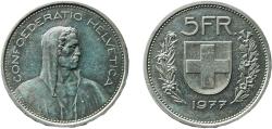 World Coins - Switzerland 1977 5 Francs (Herdsman; copper-nickel; embossed edge) Copper-nickel (75% copper, 25% nickel) Bern Mint (2009000) 13.2g UNC  HMZ 2 1200 Divo/Tob19 – KM 40a Schön 36a Y