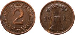 World Coins - Germany Weimar Republic 1925 A 2 Reichspfennig Bronze Berlin Mint (22433388) 3.42g XF  KM 38 AKS 54 J 314 Schön 37