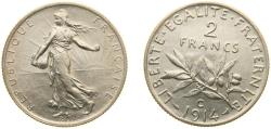 World Coins - France Third Republic 1914 C 2 Francs Silver (.835) Castelsarrasin Mint (461647) 10g UNC F 266 Gad 532 KM 845.1 KM 845.2 Schön 188