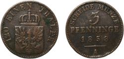 World Coins - Germany Kingdom of Prussia German states 1858 A 3 Pfenninge - Friedrich Wilhelm IV Copper Berlin Mint 4.31g VF  AKS 90 Old/Mue 2 335 Jaeg 9 Pr 52 KM 453 Neum 35 Schr 186-282