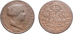 World Coins - Spain Kingdom 1856 25 Centimos de Real - Isabel II Copper Segovia Mint 8.25g VF Corrossion KM 615.2 Cal 591 Aureo 189
