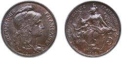 World Coins - France Third Republic 1902 5 Centimes Bronze (7900000) 5.06g AU F 119 Gad 165 KM 842 Schön 182 GEM 14.10 / 14.11 / 14.15 / 14.19 / 14.26
