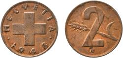 World Coins - Switzerland Federal State 1948 B 2 Rappen (Wheat spike) Bronze (95% copper, 4% tin, 1% zinc) Bern Mint (10190000) 3.05g AU  HMZ 2 1214 Divo/Tob19 325 KM 47 Schön 42 Y 55