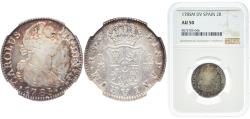 World Coins - Spain Kingdom 1785 M DV 2 Reales - Carlos III (2nd type) Silver (.813) Madrid Mint 6g NGC AU 50 Top Pop KM 412.1 Cal 1318