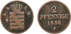 World Coins - Germany Kingdom of Saxony German states 1856 2 Pfennige - John Copper Dresden Mint (2181535) 3.18g VF  AKS 152 Jaeg 10 SW 80 KM 1185 Kahnt/Schön 139