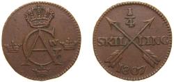 World Coins - Sweden Kingdom 1807 ¼ Skilling - Gustav IV Adolf (Avesta mint) Copper (641280) 7.23g XF KM 564