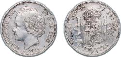 World Coins - Spain Kingdom 1894 *18-? PGV 2 Pesetas - Alfonso XIII (2nd portrait) Silver (.835) Madrid Mint (279000) 9.88g XF KM 704 Cal 33