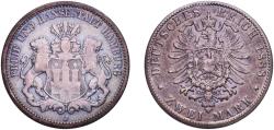 World Coins - Germany Free Hanseatic city of Hamburg Second Empire 1888 J 2 Mark Silver (.900) Hamburg Mint (100000) 10.4g VF  KM 604 J 61