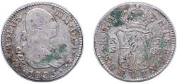World Coins - Spain Kingdom 1805 S CN 2 Reales - Carlos IV Silver (.806) Seville Mint 5.87g VF KM 430.2