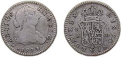 World Coins - Spain Kingdom 1774 S CF 1 Real - Carlos III (2nd type) Silver (.813) Seville Mint 3g VF KM411.2