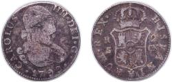 World Coins - Spain Kingdom 1799 S CN 2 Reales - Carlos IV Silver (.806) Seville Mint 6g VF KM 430