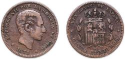 World Coins - Spain Kingdom 1879 OM 5 Centimos - Alfonso XII Bronze (95% copper, 4% tin, 1% zinc) Casa de la Moneda de Barcelona, La Seca (54994000) 4.74g XF KM 674 Cal 70