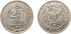 World Coins - Germany Second Empire 1911 A 25 Pfennig - Wilhelm II Nickel (Ni 1000) Berlin Mint (3178815) 4.01g AU  KM 18 AKS 7 J 18 Schön 15