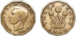 World Coins - Great Britain United Kingdom 1940 3 Pence - George VI (with 'IND:IMP') Nickel brass (12636000) 6.71g XF KM 849 Sp 4112