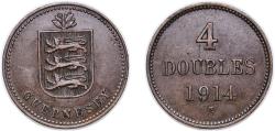 World Coins - Guernsey British dependency 1914 H 4 Doubles Bronze Heaton and Sons / The Mint Birmingham (209000) 4.85g XF KM 13
