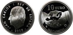 World Coins - Spain Kingdom 2005 M 10 Euros - Juan Carlos I (60th Anniversary of Peace and Frredom in Europe) Silver (.925) Royal Mint of Spain (40000) 27g PF  KM 1065