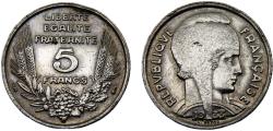 World Coins - France Third Republic 1933 5 Francs Bazor