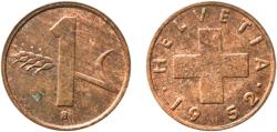 World Coins - Switzerland Federal State 1952 B 1 Rappen (wheat spike) Bronze (95% copper, 4% tin, 1% zinc) Bern Mint (11520000) 1.52g AU  HMZ 2 1216 Divo/Tob19 328 KM 46 Schön 41 Y 54