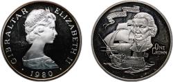 World Coins - Gibraltar British Overseas Territory 1980 1 Crown - Elizabeth II (Admiral Lord Nelson; Silver Proof) Silver (.925) Royal Mint (15000) 28.31g PF KM 12a
