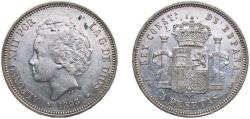 World Coins - Spain Kingdom 1893 *18-93 PGL 5 Pesetas - Alfonso XIII (2nd portrait) Silver (.900) Madrid Mint (2500000) 25g AU KM 700