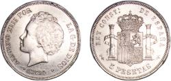World Coins - Spain Kingdom 1894 *18-94 PGV 5 Pesetas - Alfonso XIII (2nd portrait) Silver (.900) Madrid Mint (3871000) 25.05g UNC Cleaned KM 700 Cal 19