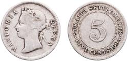 World Coins - Straits Settlements British colony 1894 5 Cents - Victoria Silver (.800) Royal Mint (Tower Hill) (340000) 1.31g VF  KM 10