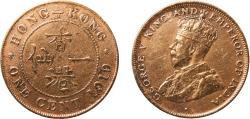 World Coins - China Hong Kong British colony 1919 H 1 Cent - George V (large type) Bronze Heaton and Sons / The Mint Birmingham Limited (2500000) 7.64g VF  KM 16