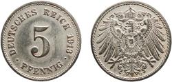 World Coins - Germany Second Empire 1913 J 5 Pfennig - Wilhelm II (type 2 - small shield) Copper-nickel (Cu 750, Ni 250) Hamburgische Münze (252702) 2.46g AU  KM 11 AKS 16 J 12 Schön 12 Neum 32