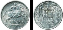 World Coins - Spain Nationalist Government 1941 5 Centimos Aluminium (97.5% aluminium, 2.5% copper) Royal Mint of Spain (202107000) 1.13g XF  KM 765 Cal 133 Schön 23