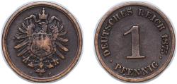 World Coins - Germany Germany - 1871-1948 Second Empire 1875 C 1 Pfennig - Wilhelm I (type 1 - large shield) Copper (Cu 950, Sn 40, Zn 10) Frankfurt am Main Mint (22654070) 2g XF KM 1 AKS 20 J