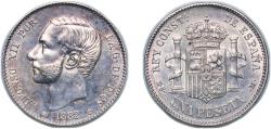 World Coins - Spain Kingdom 1882 *18-82 MSM 1 Peseta - Alfonso XII (Original Luster) Silver (.835) Madrid Mint (3505024) 5.01g AU KM 686 Cal 56