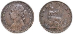 World Coins - Great Britain United Kingdom 1875 H 1 Farthing - Victoria (2nd portrait; 2nd type) Bronze (6092800) 2.8g XF KM 753 Sp 3958/9