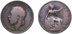 World Coins - Great Britain United Kingdom 1911 ½ Penny - George V (1st portrait) Bronze (12570800) 5.4g F KM 809 Sp 4056