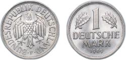 World Coins - Germany Federal Republic of Germany 1969 F 1 Deutsche Mark Copper-nickel (75% Copper, 25% Nickel) Staatliche Münze Baden-Württemberg Mint (15021000) 5.5g UNC KM 110 J 385 Schön 10