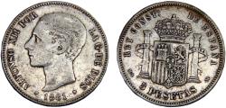 World Coins - Spain Kingdom Alfonso XII 1881 *18-81 MSM 5 Pesetas 2nd portrait, Star date loose