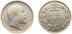 World Coins - Great Britain United Kingdom 1909 6 Pence - Edward VII Silver (.925) (6584000) 2.83g XF KM 799 Sp 3983