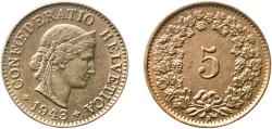 World Coins - Switzerland Federal State 1943 B 5 Rappen (Libertas; copper-nickel) Copper-nickel (75% copper, 25% nickel, non-magnetic) Bern Mint (6591000) 2.01g UNC  HMZ 2 1212 Divo/Tob19 319 K