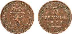 World Coins - Germany Kingdom of Prussia German states 1864 A 3 Pfenninge - William I Copper Berlin Mint 4.26g VF  AKS 106 Old/Mue 2 424, 427, 431 KM 482 Neum 17 Schr 162-188