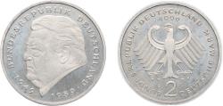 World Coins - Germany Federal Republic of Germany 1996 F 2 Deutsche Mark (Franz Josef Strauss) Copper-nickel clad nickel Staatliche Münze Baden-Württemberg Mint 7g UNC KM 175 J 450 Schön 174