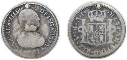 World Coins - Chile Spanish colony 1801 So AJ 1 Real - Carlos IV (bust of Carlos IV) Silver (.896) Santiago Mint (53000) 3.1g VF Holed  KM 58
