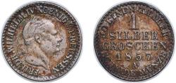 World Coins - Germany Kingdom of Prussia German states 1857 A 1 Silbergroschen - Frederick William IV Billon (.222 silver) 2.05g AU AKS 86 Old/Mue 2 322 KM 462 Neum 24, 46 Schr 132-5, 270-3