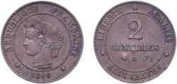 World Coins - France Third Republic 1896 A 2 Centimes Bronze Paris Mint (1000000) 1.95g XF Damage Franc 2014 109/22 KM 827.1