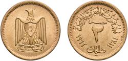 World Coins - Egypt Arab Republic of Egypt AH 1381 (1962) 2 Milliemes Copper-aluminium (92% copper, 8% aluminium) Cairo Mint (25289000) 2.38g UNC  KM 403 Schön 100 MHC 315 MHC 1806