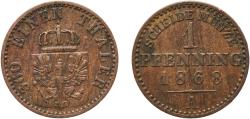 World Coins - Germany Kingdom of Prussia German states 1868 A 1 Pfenning - Wilhelm I Copper Berlin Mint 1.43g XF  AKS 108 Old/Mue 2 426, 429, 433 KM 480 Kahnt/Schön 84 Neum 19