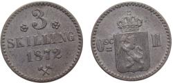 World Coins - Norway Kingdom Oscar II 1872 3 Skilling 2.2g