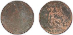 World Coins - Great Britain Kingdom 1865 1 Farthing - Victoria (2nd portrait; 1st type) Bronze 2.56g F  KM 747 Sp 3958