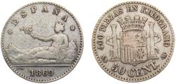 World Coins - Spain Provisional Government 1869 *?-9 SNM 50 Centimos 2.5g
