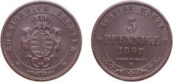 World Coins - Germany Kingdom of Saxony 1867 B 5 Pfennige - John Copper Dresden Mint (444000) 7.33g XF  AKS 151 Jäg 10 SW 131 KM 1218